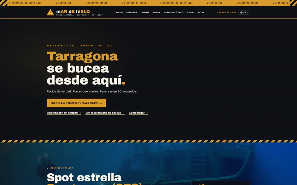 Web pública de un club de buceo creada con DEKKO, con reservas online integradas