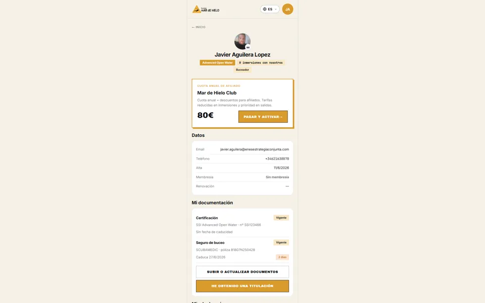 Ficha del buceador en la app: certificación, seguro y documentación al día